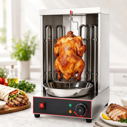 Produit Machine Shawarma Électrique 3000W Rôtissoire Verticale 360° INOx Gyros Kebab 2 Tubes Chauffants pour Poulet Bœuf Agneau Usage Maison