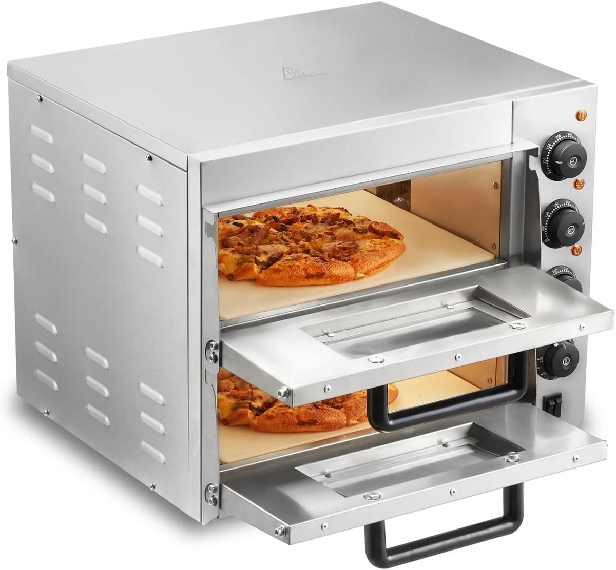 VEVOR Four électrique à pizza, 14 pouces, professionnel, restaurant, acier inoxydable, Pierre et Poignée, Four Électrique de Comptoir Double Étage