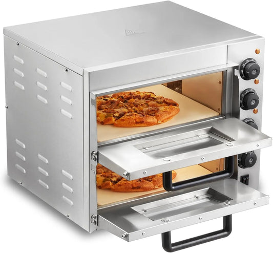 VEVOR Four électrique à pizza, 14 pouces, professionnel, restaurant, acier inoxydable, Pierre et Poignée, Four Électrique de Comptoir Double Étage