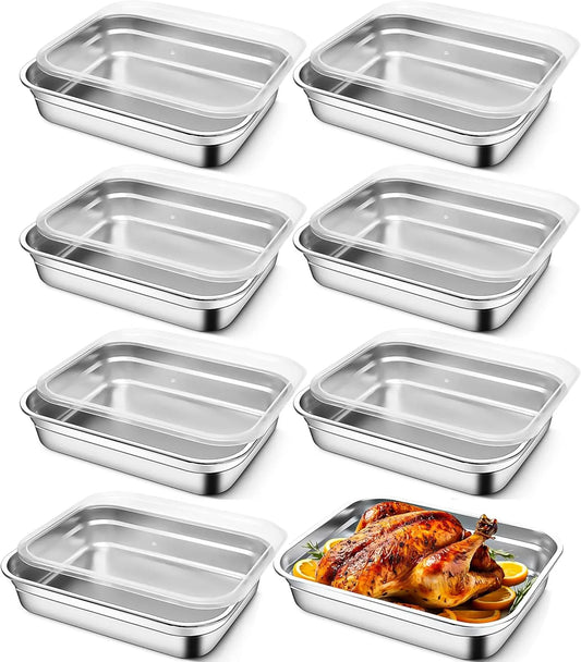 Congélateur, 31, 5 x 21, 5 x 6, 7cm, acier inoxydable, Lot de 8 Bacs Alimentaires en Inox 304 avec Couvercles, Récipients de Conservation Compatibles