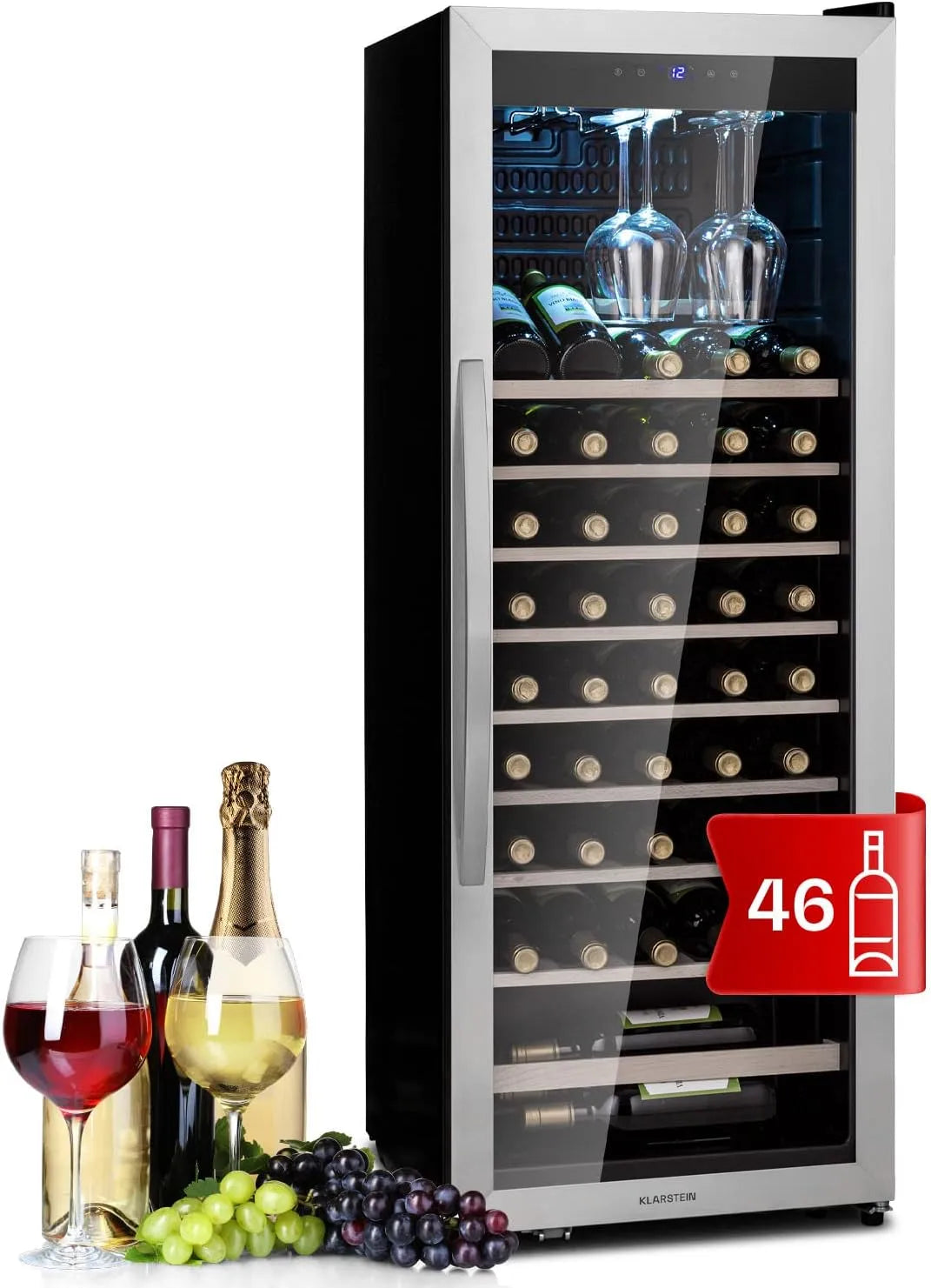 Klarstein Cave à vin électrique, 46 bouteilles, 4 à 18 °C, tactile, Réfrigérateur Bar, Protection UV, Réfrigérateur à Vin avec Porte en Verre