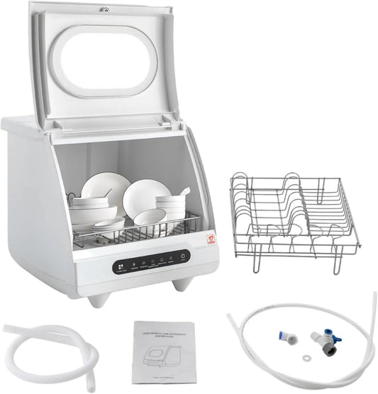 Lave-vaisselle, 5 L, 5 programmes, plan de travail, pas d'installation, équipé de tuyaux d'alimentation et de vidange pour un usage domestique