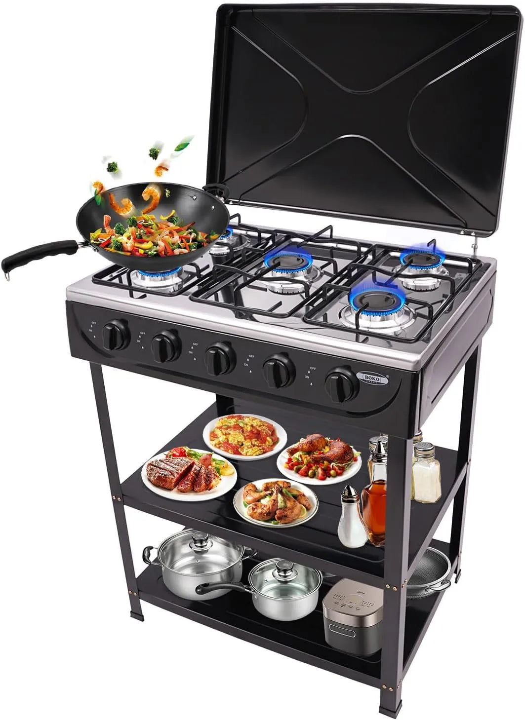 Plaque de cuisson à gaz, portable, gril, camping, table de cuisson à gaz, noir, 5 brûleurs, réchaud à gaz, support antidérapant, pour voyages de