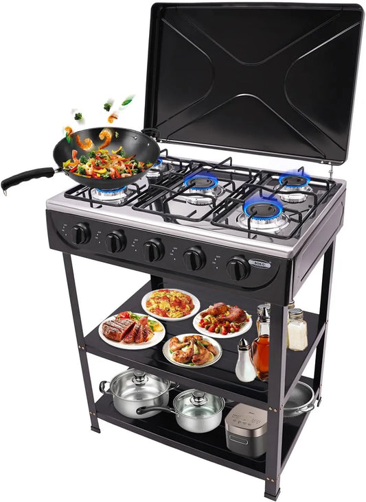 Plaque de cuisson à gaz, portable, gril, camping, table de cuisson à gaz, noir, 5 brûleurs, réchaud à gaz, support antidérapant, pour voyages de
