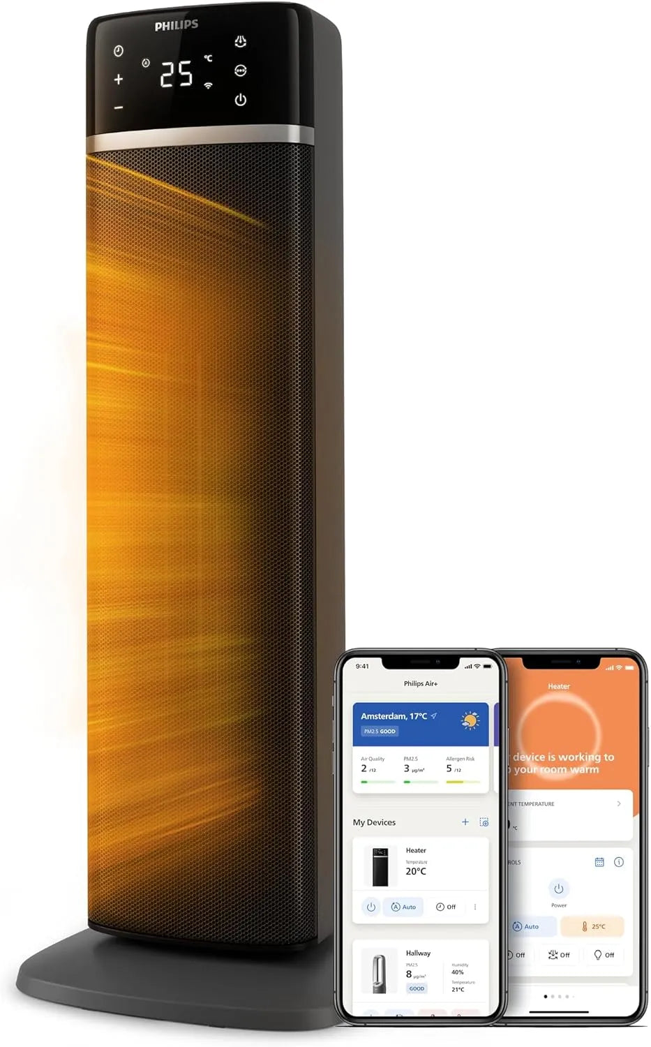 Philips 2sec Cx5120/11 Radiateur électrique, 2000 W, oscillation, dalle IPS, 2 zones de température, noir, App Air+, jusqu'à 20m2, Philips Chauffage