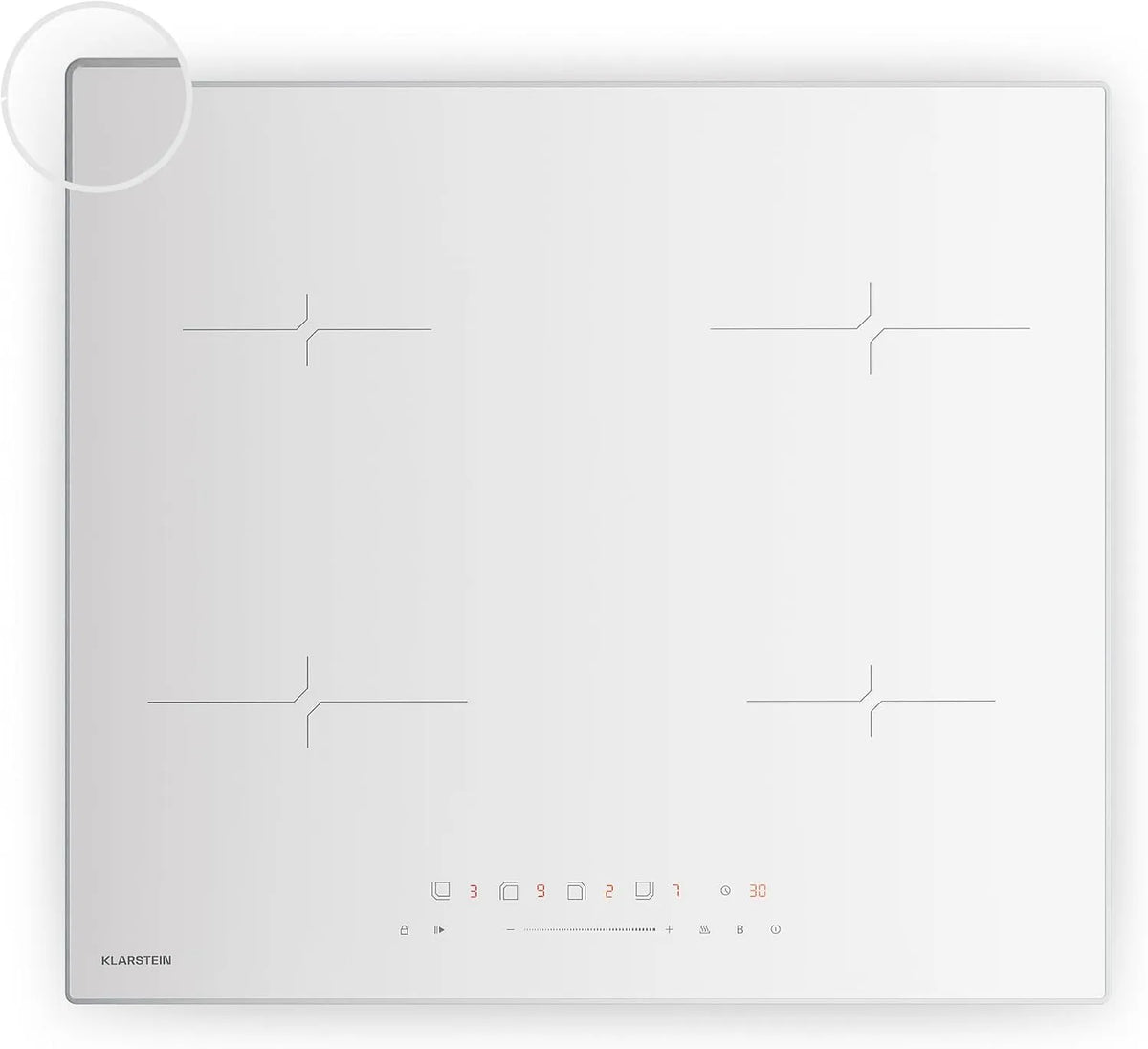 Klarstein Plaque à induction, 60cm, 4 foyers, 7000 W, table de cuisson à induction, Boost, tactile, verrouillage, encastrable, minuteur, blanc