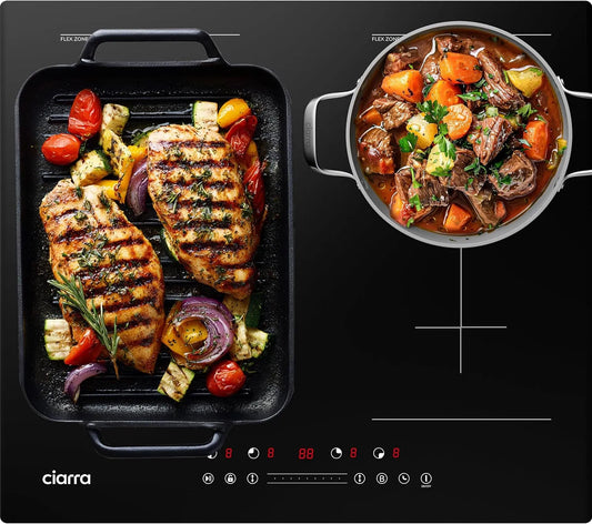 CIARRA Plaque à induction, 60cm, 4 foyers, 7200 W, table de cuisson à induction, Boost, verrouillage, encastrable, minuteur, Puissance Limitée