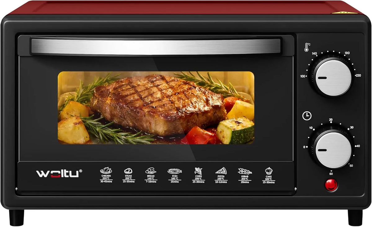 Four électrique à pizza, 10 L, 800 W, 100 à 230 °C, minuteur, compact, rouge, Minuterie 0-60 min, WOLTU Mini Four Électrique 10L, Petit Four à Pizza