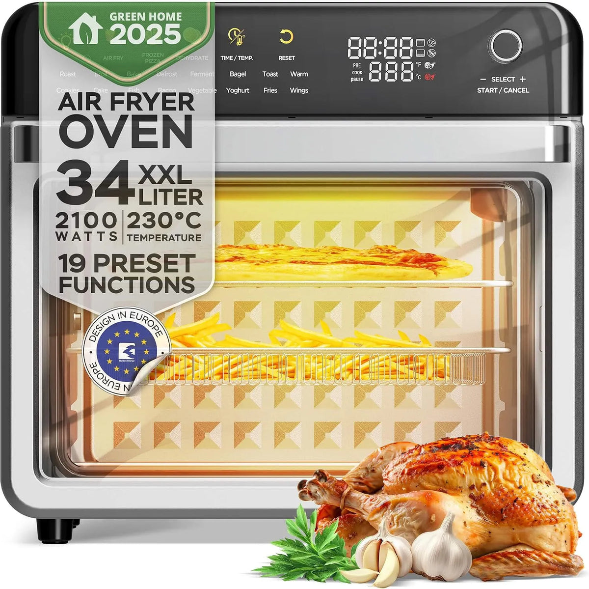 Four électrique, 34 L, 2100 W, 40 à 230 °C, gril, compact, 19 en 1, jusqu'à 0, 5 kg de frites, mini four avec fonction déshydratation 40-230 °C
