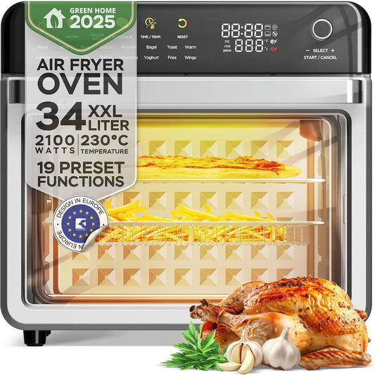 Four électrique, 34 L, 2100 W, 40 à 230 °C, gril, compact, 19 en 1, jusqu'à 0, 5 kg de frites, mini four avec fonction déshydratation 40-230 °C