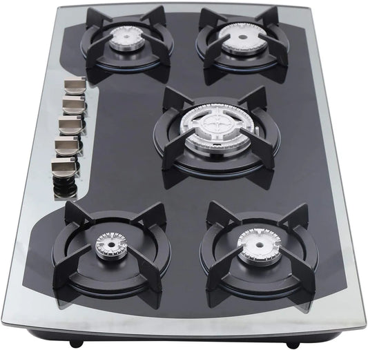Plaque de cuisson à gaz, 35, 4 pouces, 5 foyers, table de cuisson à gaz, noir, 4' en Verre Trempé, Vitrocéramique avec Brûleur en Aluminium