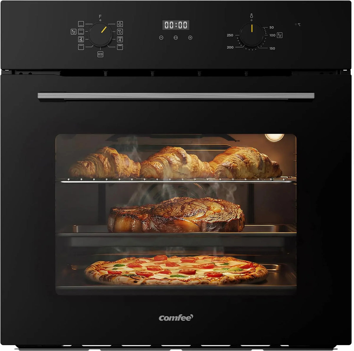 Four électrique à pizza, 60 cm, 70 L, classe énergétique E, encastrable, minuteur, gril, vapeur, noir, fonction pizza, 3 kW, afficheur LED avec
