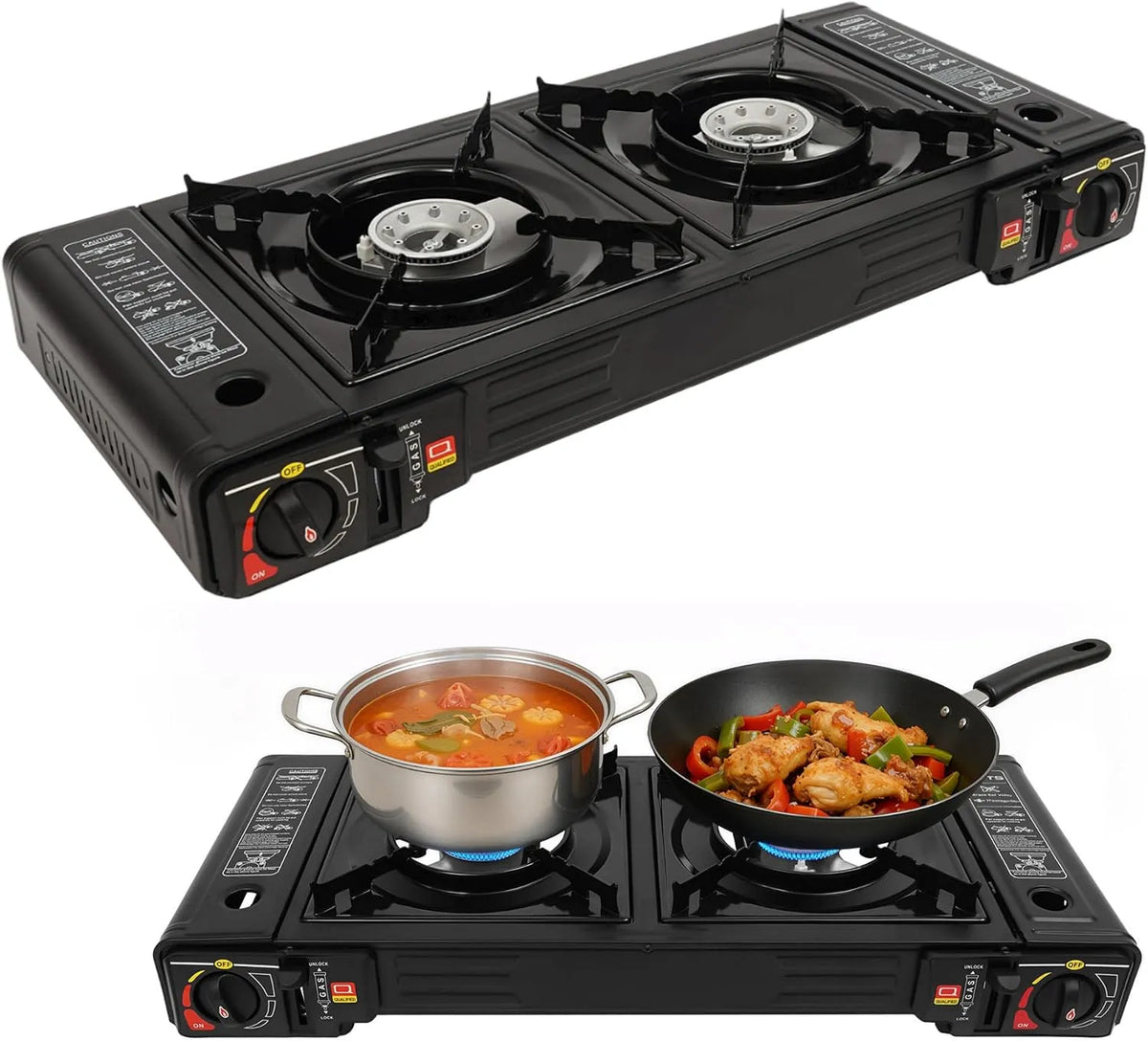 Plaque de cuisson à gaz, 2 foyers, 2500 W, portable, camping, table de cuisson à gaz, Barbecue à gaz 2 en 1