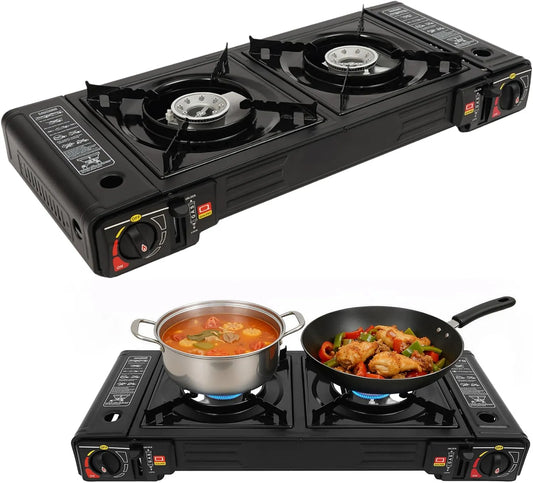 Plaque de cuisson à gaz, 2 foyers, 2500 W, portable, camping, table de cuisson à gaz, Barbecue à gaz 2 en 1
