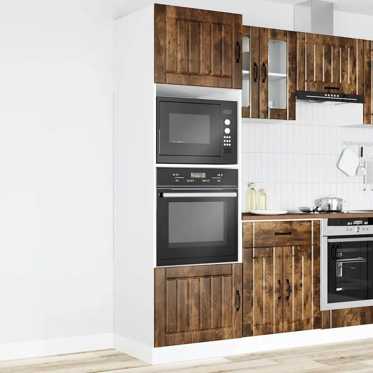 Micro-ondes, 60 x 57 x 207 cm, encastrable, ATOMSTACK MAKER Lucca Lot de 2 armoires de cuisine encastrées en chêne fumé, Armoire de cuisine réglable