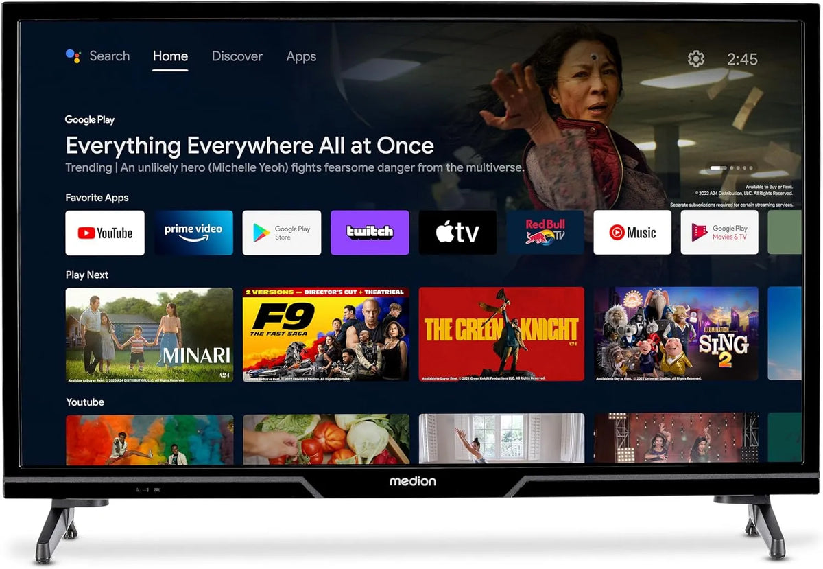 Smart TV, 24 pouces, téléviseur, MEDION P12431, HDR, Bluetooth, Android OS, enregistrement PVR, MD 29240, 8 cm, Netflix, Prime Video