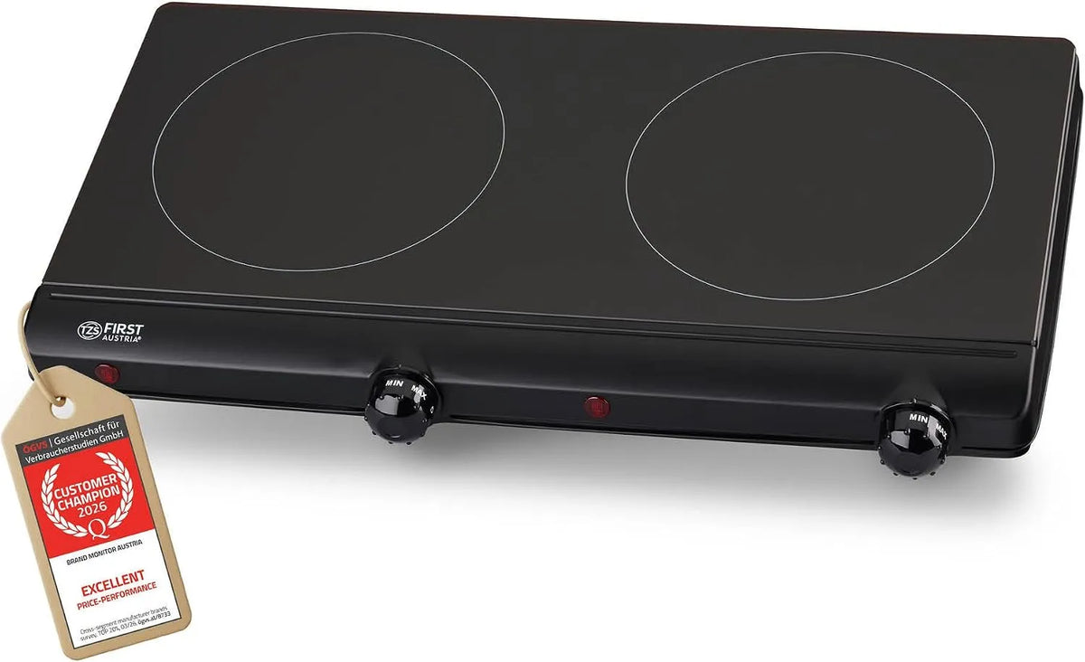 Plaque vitrocéramique, 2 x 150 mm, 2500 W, portable, thermostat, Plaque Infrarouge Double 2500W, TZS First Austria