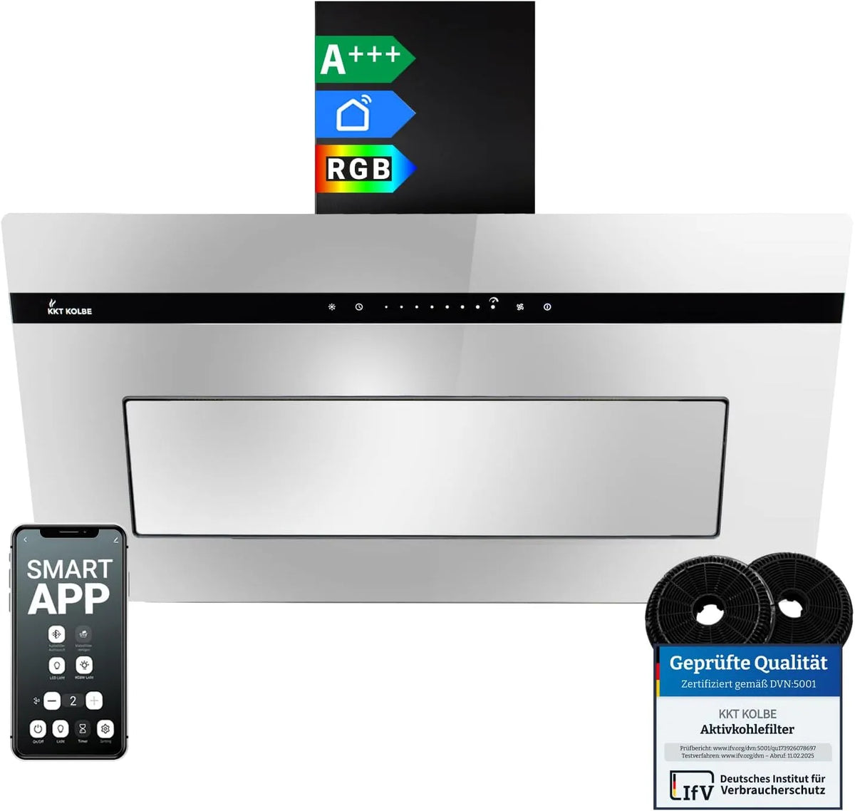 Hotte aspirante PLOOM9005M, 90 cm, 782 m3/h, hotte de cuisine, inclinée, évacuation et recyclage, installation murale, tactile, Wi-Fi, noir