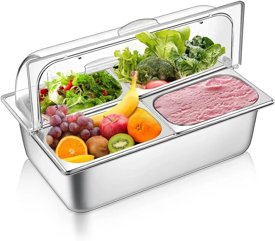 Produit en acier inoxydable Distributeur de condiments réfrigéré avec couvercle transparent à enroulement pour buffets, Présentoir de comptoir pour