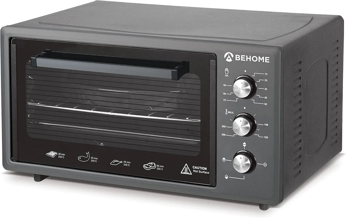 Four électrique, 48 L, minuteur, gril, noir, température jusqu'à 320° double verre résistant à la chaleur et minuterie 2 plaques et 1 grille