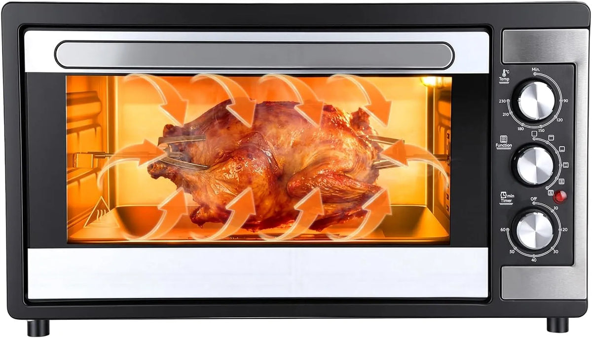 Four électrique à pizza, 30 cm, 46 L, 1500 W, 0 à 230 °C, minuteur, gril, compact, noir, pain grillé, minuterie 60 min, chaleur tournante 9 en 1 avec