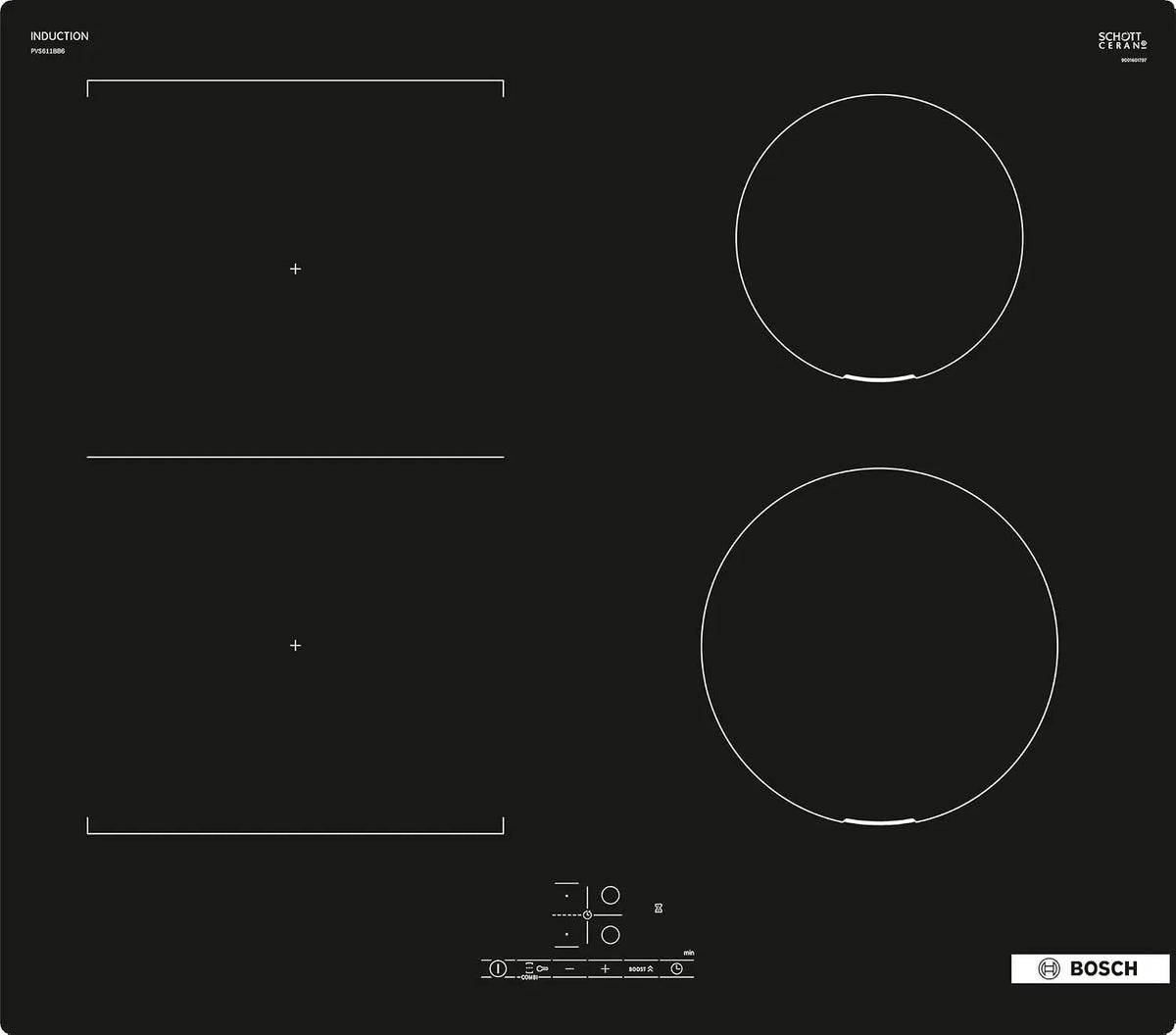 Bosch PVS611BB6E Plaque à induction, 60 cm, table de cuisson à induction, Boost, tactile, minuteur, noir, Touch Select, Timer avec fonction arrêt