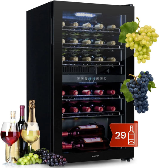 Klarstein Cave à vin électrique, 80 L, 29 bouteilles, 2 foyers, 5 à 18 °C, verre, pose libre, silencieux, acier inoxydable, noir, Cadre Inox, LED