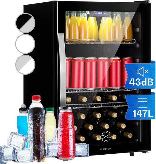 Klarstein Réfrigérateur, 147 L, éclairage LED, verre, silencieux, amovible, noir, Frigo avec Porte Vitrée, pour boissons et canettes