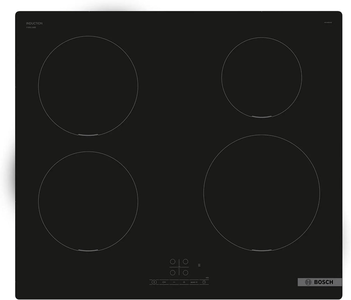Bosch PUE611BB5E Plaque à induction, 60 cm, table de cuisson à induction, tactile, minuteur, noir, 17 niveaux de réglage de la puissance, Série 4