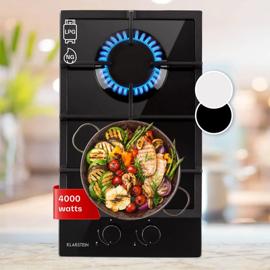 Klarstein Cuisinière à gaz avec four électrique, 2 foyers, 4000 W, acier inoxydable, Plaque de Cuisson Gaz à 2 Brûleurs, Table de Electrique à 2 Feux