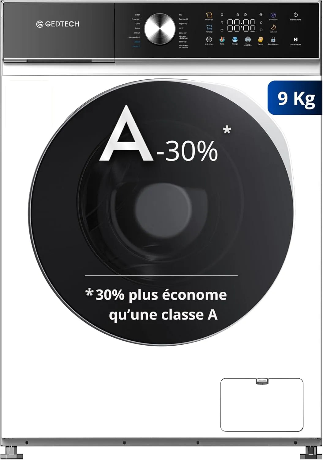 Lave-linge, 16 programmes, 9 kg, GEDTECH GLLPS91400WH, Panneau commande LED couleur, 1400 tr, mn