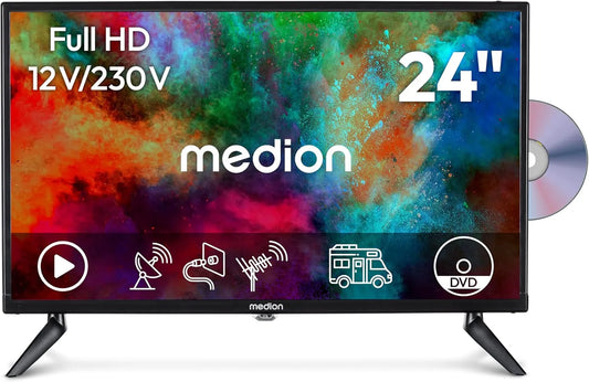 Smart TV, 24 pouces, 12 V, téléviseur, triple tuner DVB-T2, S2, HDMI, USB, Full HD, camping, Television avec Lecteur DVD intégré, MD 824001, 9 cm