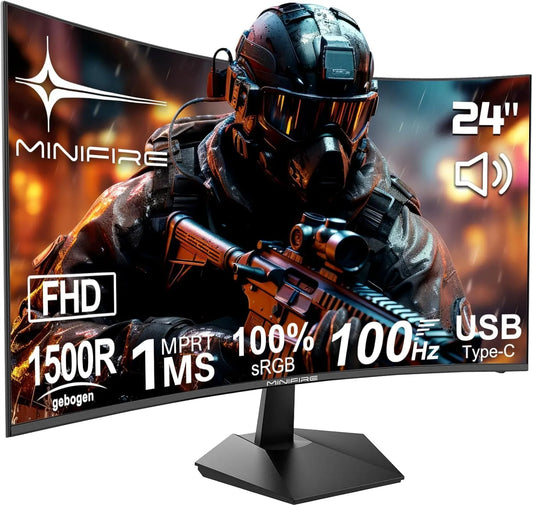modèle 1500R MF24C1, Minifire Écran Incurvé 24 Pouces 100Hz FHD, 1ms MPRT, sRGB 100%, VESA 75x75, USB‐C, Haut‐Parleurs, HDMI