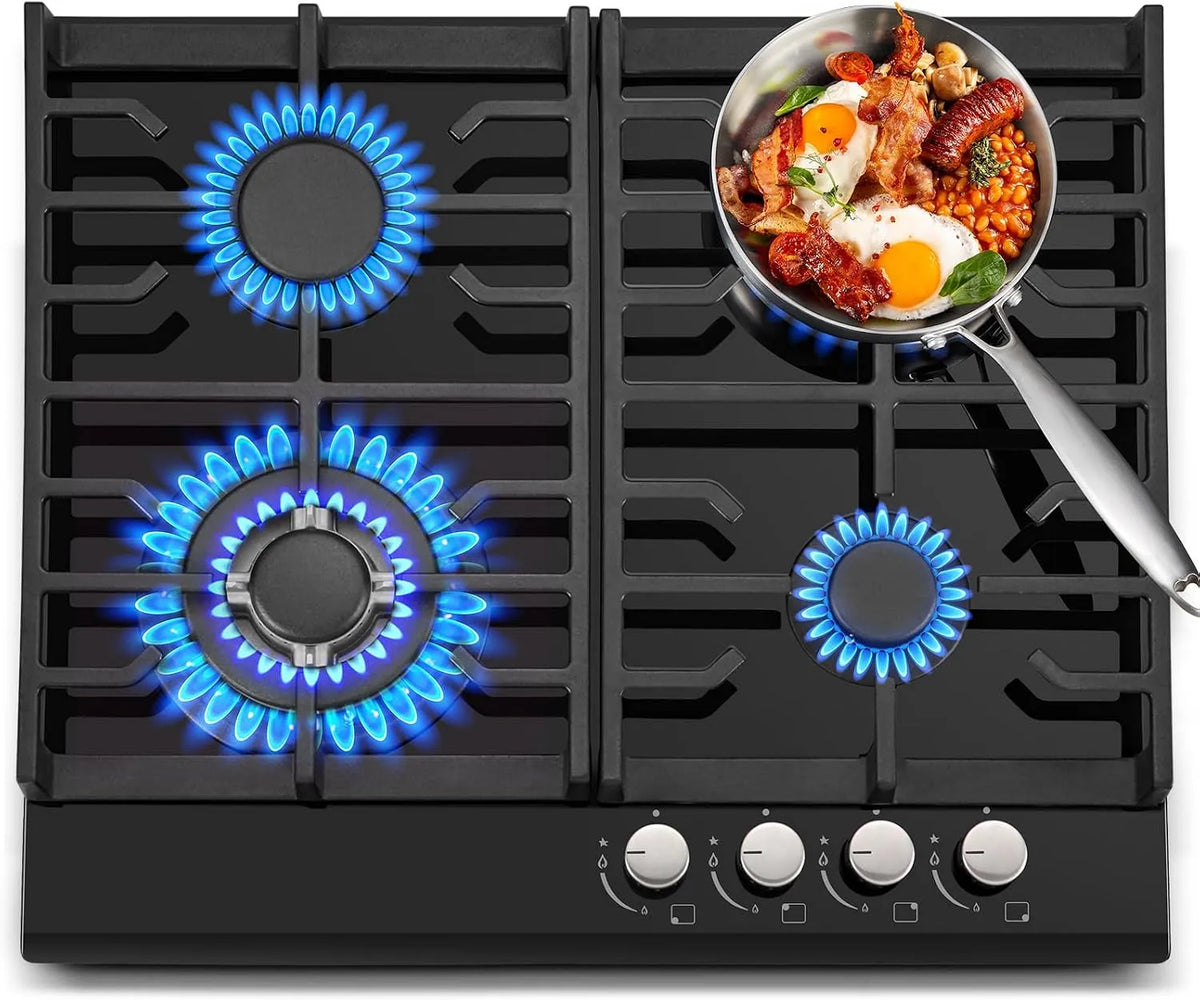 Plaque de cuisson à gaz, 60cm, 4 foyers, encastrable, fonte, table de cuisson à gaz, noir, Convertible NG, LPG, Protection Contre la Flamme