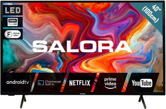 Smart TV, 40 pouces, classe énergétique E, 3 HDMI, téléviseur, SALORA, HDR, Wi-Fi, Bluetooth, Android OS, DVB-T2, Full HD, HDR10 et HLG, 3x HDMI