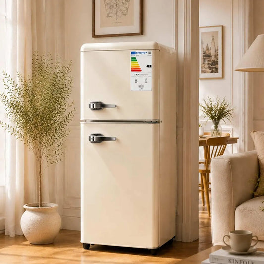 Réfrigérateur, 112 L, classe énergétique E, éclairage LED, décoration de salon, 2 zones de température, blanc, 7 niveaux de réglage de la température