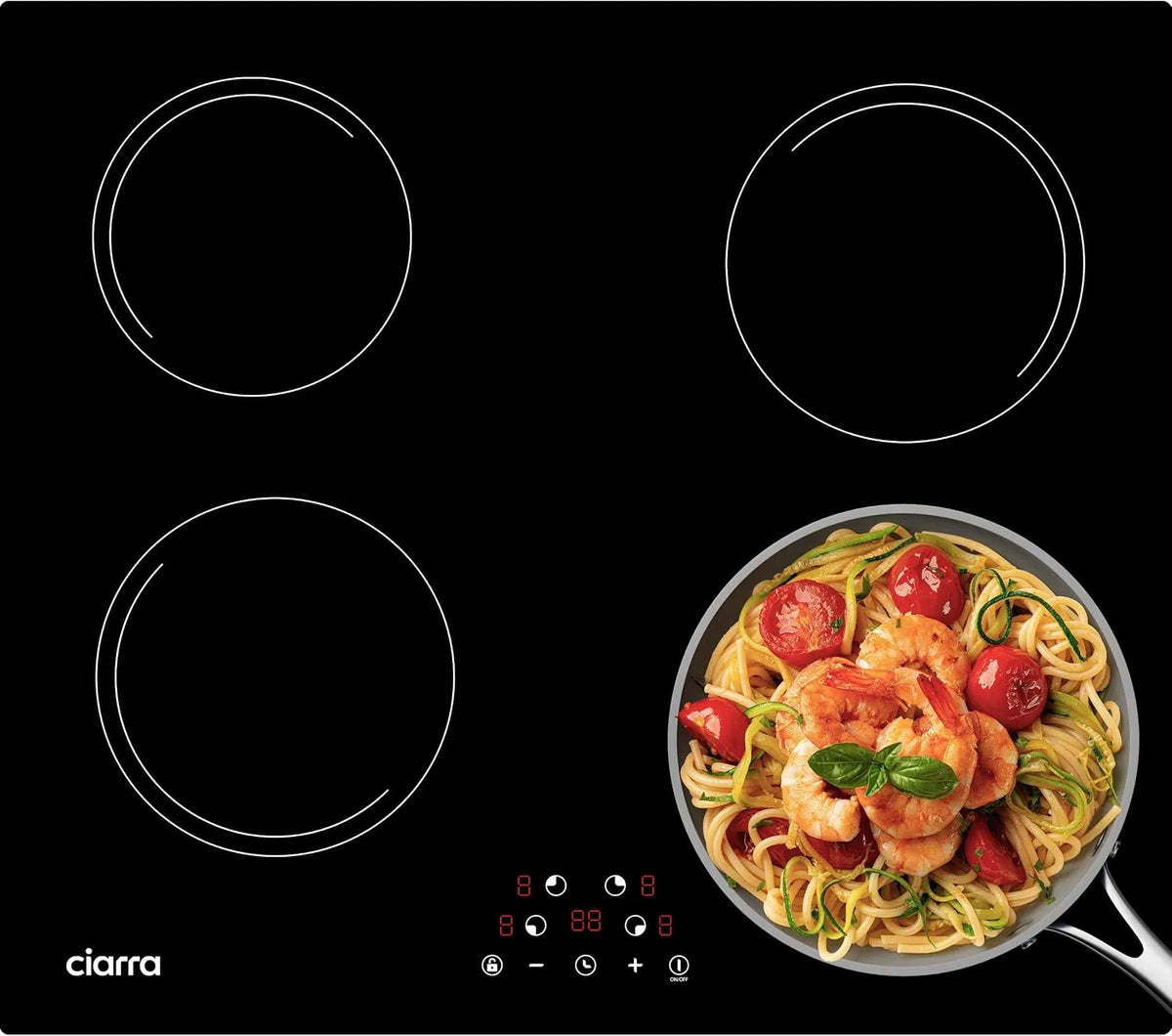 CIARRA CABBIH4-E Plaque à induction, 60cm, 4 foyers, 6000 W, table de cuisson à induction, tactile, verrouillage, encastrable, minuteur, 9 Niveaux