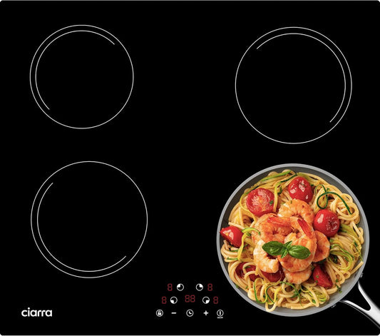 CIARRA CABBIH4-E Plaque à induction, 60cm, 4 foyers, 6000 W, table de cuisson à induction, tactile, verrouillage, encastrable, minuteur, 9 Niveaux