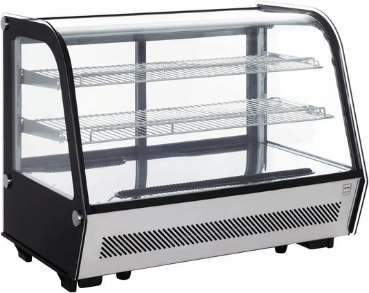 Vitrine réfrigérée, 88 x 56, 8 x 68, 6 cm, 130 L, gril, acier inoxydable, noir, inox, verre, deux grilles, 130l, froid avec ventilateur, argenté