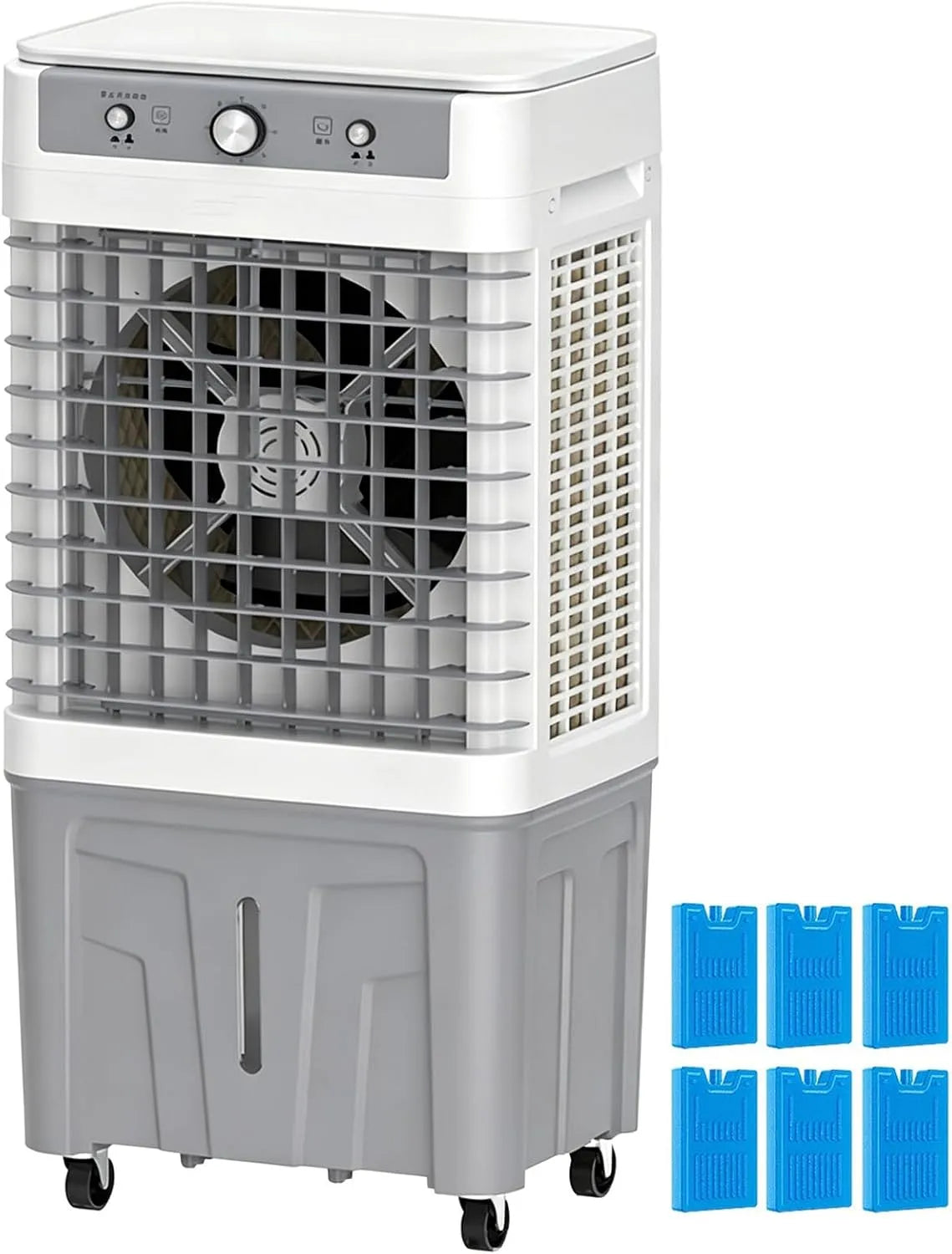 Climatiseur, 50 L, extérieur, 3 vitesses, oscillation, grand réservoir, décoration de salon, blanc, 6 Blocs Glace, Boîtier ABS, Réservoir 50L