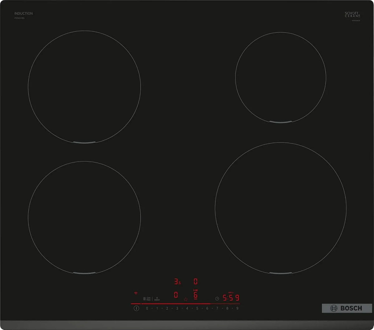 Bosch PIE631HB1E Plaque à induction, 60 cm, table de cuisson à induction, tactile, minuteur, noir, touche « Favoris », timer avec fonction arrêt