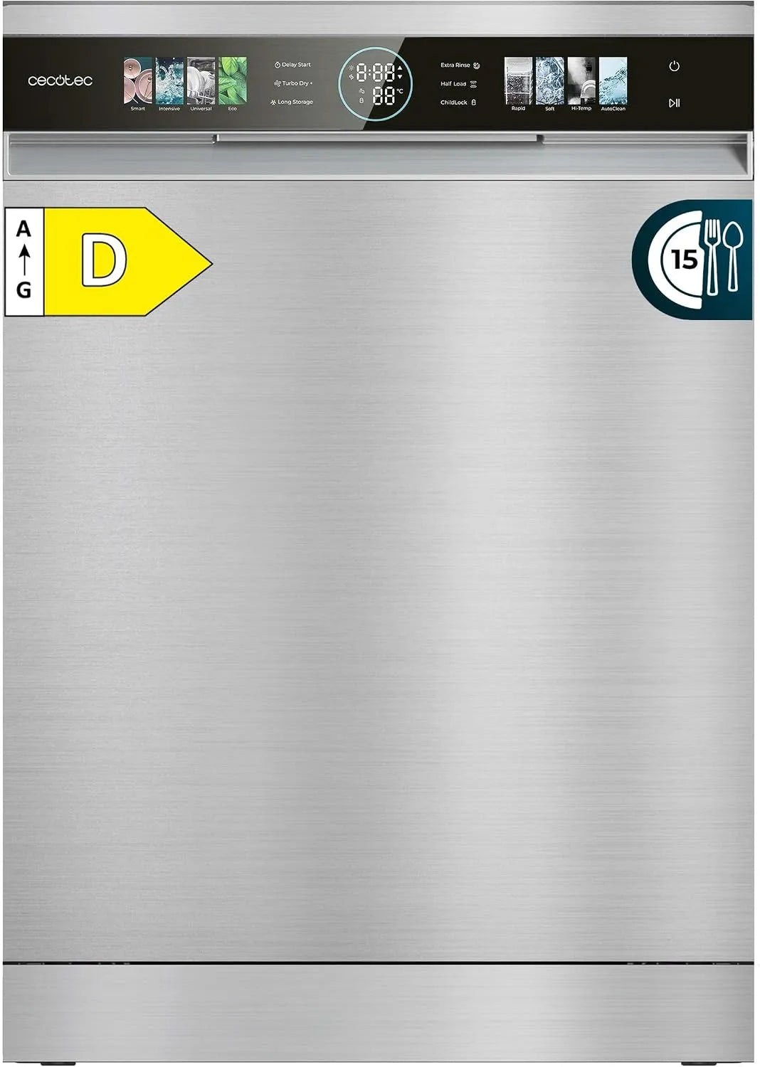 Cecotec Bolero Aguazero 6320 Lave-vaisselle, 60 cm, 1900 W, 8 programmes, acier inoxydable, 15 Couverts, Écran FullColor xxL, Smart Wash, 1900W
