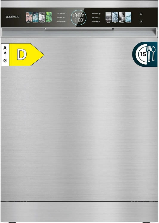 Cecotec Bolero Aguazero 6320 Lave-vaisselle, 60 cm, 1900 W, 8 programmes, acier inoxydable, 15 Couverts, Écran FullColor xxL, Smart Wash, 1900W