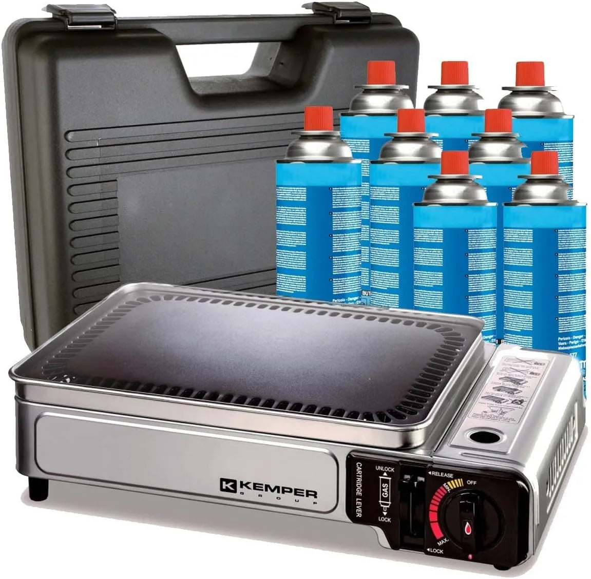 Produit Plancha à gaz portable 2300W + 8 cartouches de gaz + Valise de transport Cuisson extérieure Camping Terrasse Barbecue, KEMPER