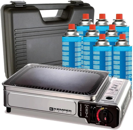 Produit Plancha à gaz portable 2300W + 8 cartouches de gaz + Valise de transport Cuisson extérieure Camping Terrasse Barbecue, KEMPER