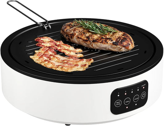 Ustensile de cuisson, 2000 W, gril, blanc, affichage LED, 4 niveaux de puissance, bac récupérateur graisse, chauffage infrarouge, tous types de